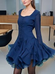 Elegant Mesh Flare Sleeve Ruffle Mini Dress