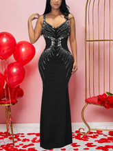 Sexy Rhinestones V Neck Sleeveless Maxi Dress