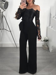 Elegant Off Shoulder Floral Lace Slim Wide Leg Jumpsuit