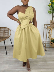 One Shoulder Flower Petal Cut Out Backless Midi Dress