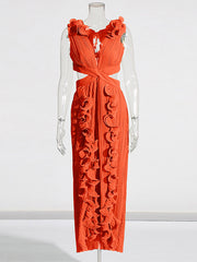 Elegant Sleeveless V-Neck Slit Ruffle Maxi Dress