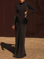 Elegant High Collar Cutout Ruched Maxi Dress