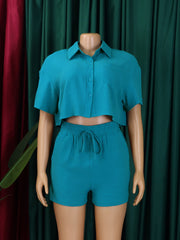 Turn-down Collar Crop Shirt Shorts Casual Set