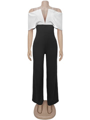 Fashion Off Shoulder Contrast Color Wide-Leg Jumpsuit