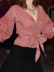 Casual Plaid Patchwork Strap Design V Neck Shirt