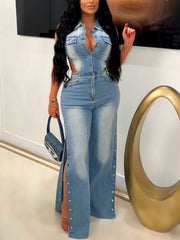 Fashion Hollow-out Side Slit Denim Jumpsuit