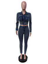 Denim Patchwork Ribbed Crop Top and Pant Two-Piece Set