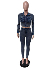 Denim Patchwork Ribbed Crop Top and Pant Two-Piece Set