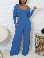 Casual Ribbed Jumpsuit Long Sleeve Cardigan Set