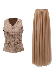Sleeveless Sequin Vest Patchwork Mesh Skirt Set