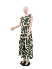 Elegant Asymmetrical Neck Print Ruffles Maxi Dress