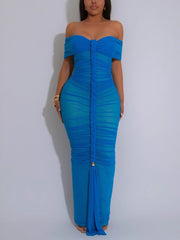 Sexy Off Shoulder Pleated See Through Mesh Dress