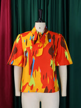 Casual Print Belted Tie Neck Top