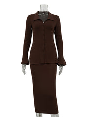 Casual Flared Sleeve Blouse Office Skirt Two Piece Set