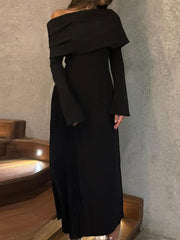 Boutique Oblique Shoulder High Slit Pleated Maxi Dress