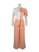 Asymmetric Rosette Top Pinstripe Wide Leg Pants Sets
