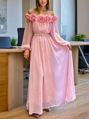 Elegant Off Shoulder Floral Embellished Maxi Dress