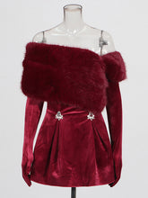 Elegant Velvet Off Shoulder Faux Fur Gloves Mini Dress