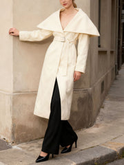 Fashion Woolen Big Turndown Collar Belts Long Coat
