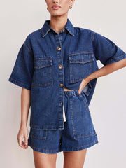 Casual Button Down Denim Shirt Shorts Set