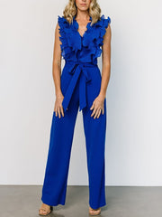 Fashion V Neck Ruffle Bandage Jumpsuit