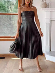Strapless Pleated Faux Leather Midi Dress