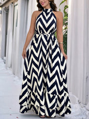 Sleeveless Wavy Striped Print Lace-up Maxi Dress