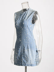 Casual Round Neck Sleeveless Frayed Mini Denim Dress