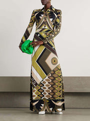 Retro Abstract Print Long Sleeve Maxi Dress