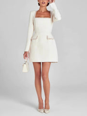 Fashion Square Neck Tweed Slim Mini Dress
