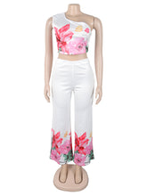 Elegant Sloping Shoulder Floral Print Pants Sets