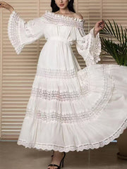 Elegant Embroidery Hollow Out Cinched Waist Maxi Dress