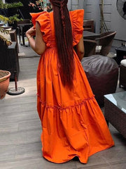Ruffled Sleeveless A-Line Maxi Shirred Dress