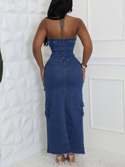 Fashion Denim Strapless Slim Dress Maxi Dress