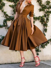 Bandage Cinched Waist Turndown Collar Midi Dress