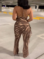 Sexy Tassel Print Halter Neck Lace-Up Jumpsuit