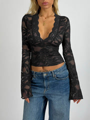 Sexy Bell Sleeve Lace V-Neck Sheer Mesh Crop Tops