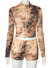 Casual Tie Dye Zipper Cropped Tops and Shorts Sets