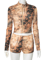 Casual Tie Dye Zipper Cropped Tops and Shorts Sets