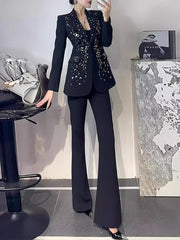 Elegant Rhinestone Sequin Blazer and Trouser Suit