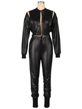 PU Leather Zipper Cropped Jogger Two Pieces Set