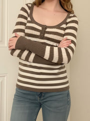 Vintage Ribbed Knit Striped Slim Sweater