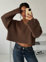 Casual Vintage Ribbed Cropped Pullover Sweater