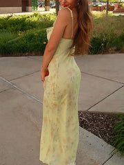 Fashion Ruffles Print V-neck Sleeveless Slim Dress