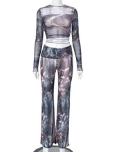 Long Sleeve Mesh Print Top Pants Casual Streetwear Set