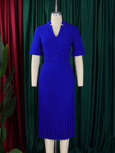 Fashion Solid V-neck Slim Pleated Midi Dress