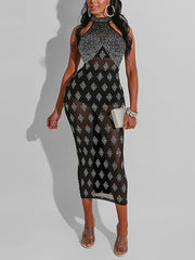 High Neck Sleeveless Rhinestone Mesh Midi Dress