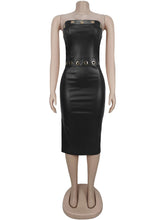 Sexy Strapless PU Leather Bodycon Slit Midi Dress