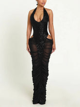 Sexy Halter Sequin Mesh Patchwork Ruched Maxi Dress