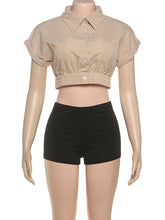 Casual Lapel Elastic Crop Shirt And Shorts Sports Set